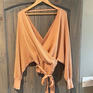 Love Tree Off-the-Shoulder Wrap Sweater in Dusty Peach